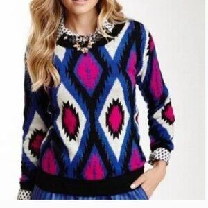 Flying Tomato Blue Pink Preppy Diamond Print Crew Neck Knit Sweater size S
